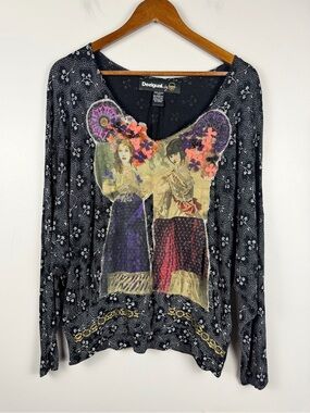 Rare Christian Lacroix x Desigual Bat Sleeve Top applique Deisgner size Med
